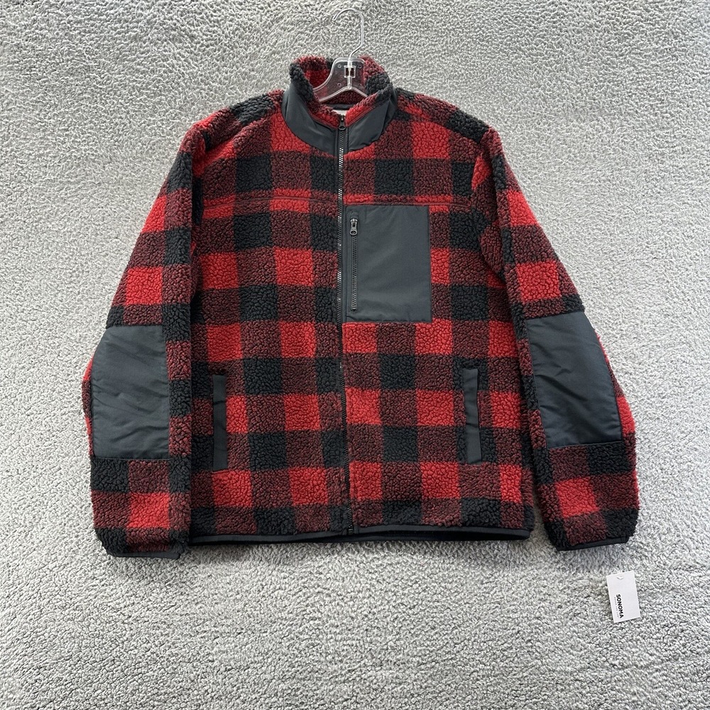 Sonoma Goods For Life Jacket Mens Large Red & Black Check Grizzly Sherpa Jacket